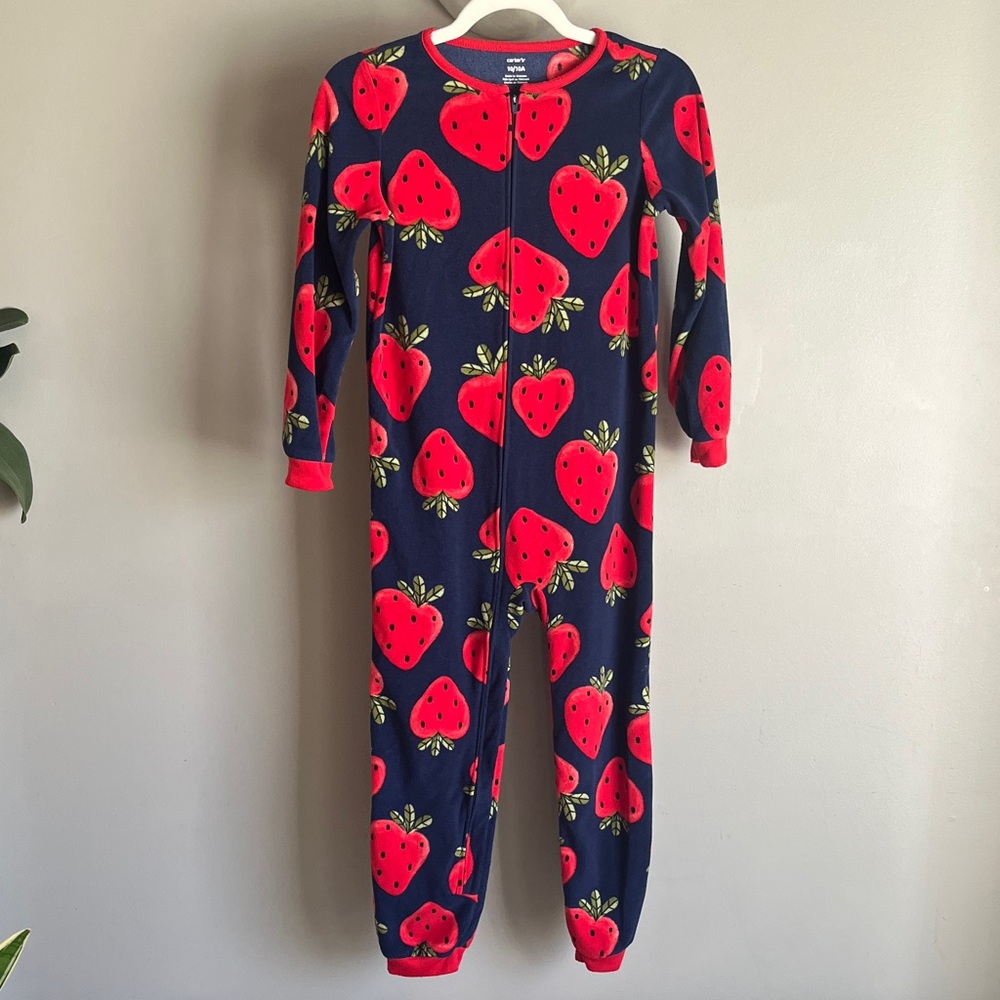 Carter's Fleece Navy and Red Strawberry Print Footless Onsie Size 10